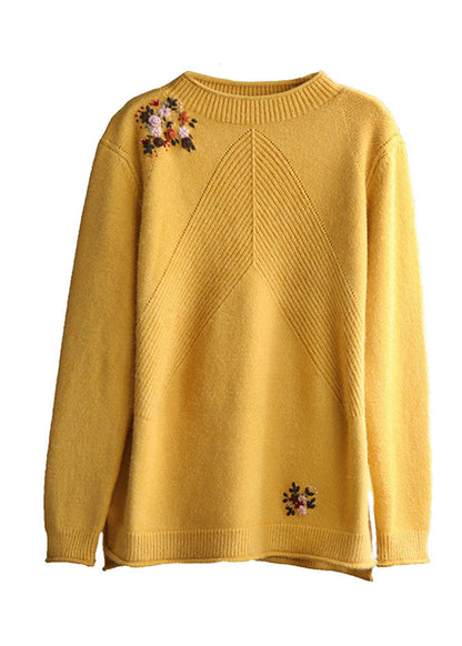 Casual Yellow Embroidered Floral Knit Sweater Winter