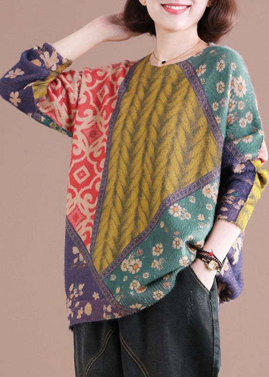 Chic Color Block O-Neck Print Cotton Sweater