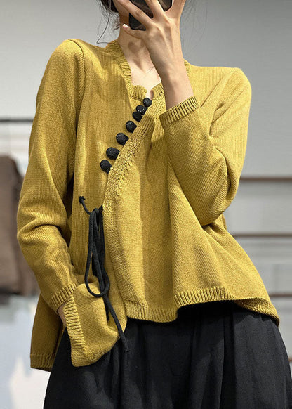 Chic Yellow Asymmetrical Design Lace Up Knit Sweater Tops