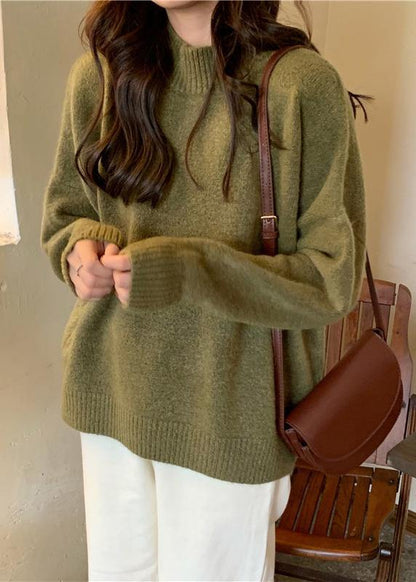 Comfy fall green knit sweat tops plus size high neck knit blouse