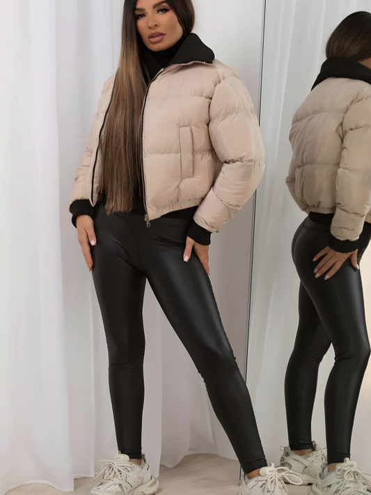 Cropped Puffer Jacket With Rib Collar Beige