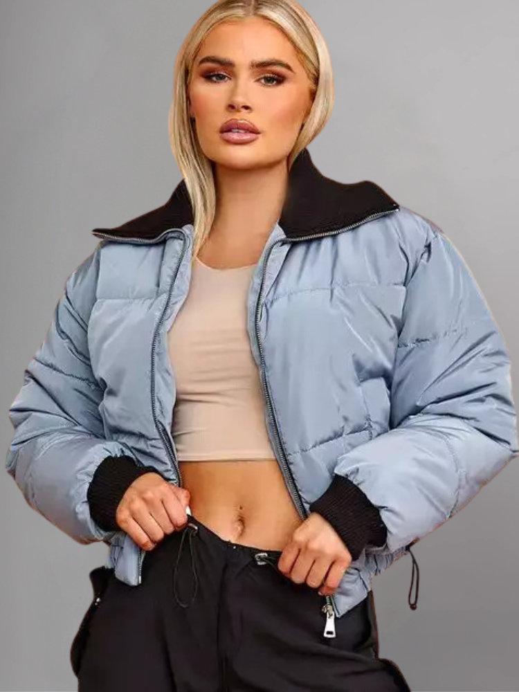 Cropped Puffer Jacket With Rib Collar Beige