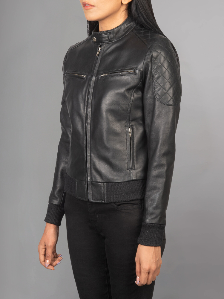 Dodge Womens Black Biker Style Leather Jacket