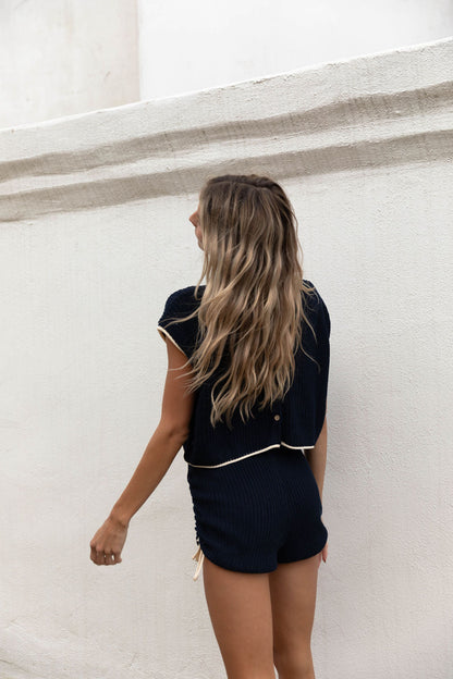 Yvonne Ruched Knit Top and Shorts Set with Contrast Detail in Navy/Ivory