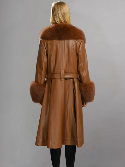 FAUX FUR GENUINE LEATHER COAT IN RED