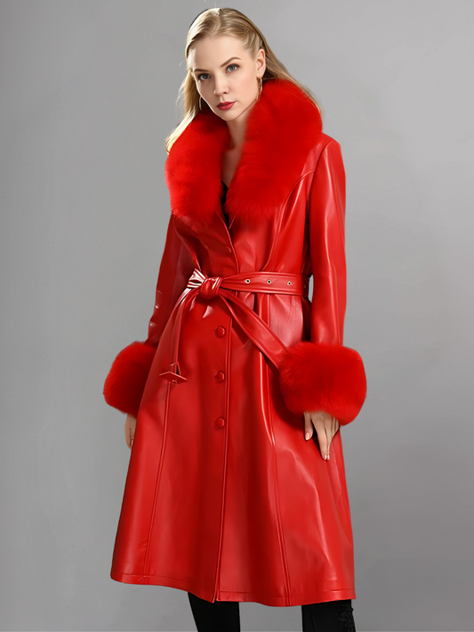 FAUX FUR GENUINE LEATHER COAT IN RED