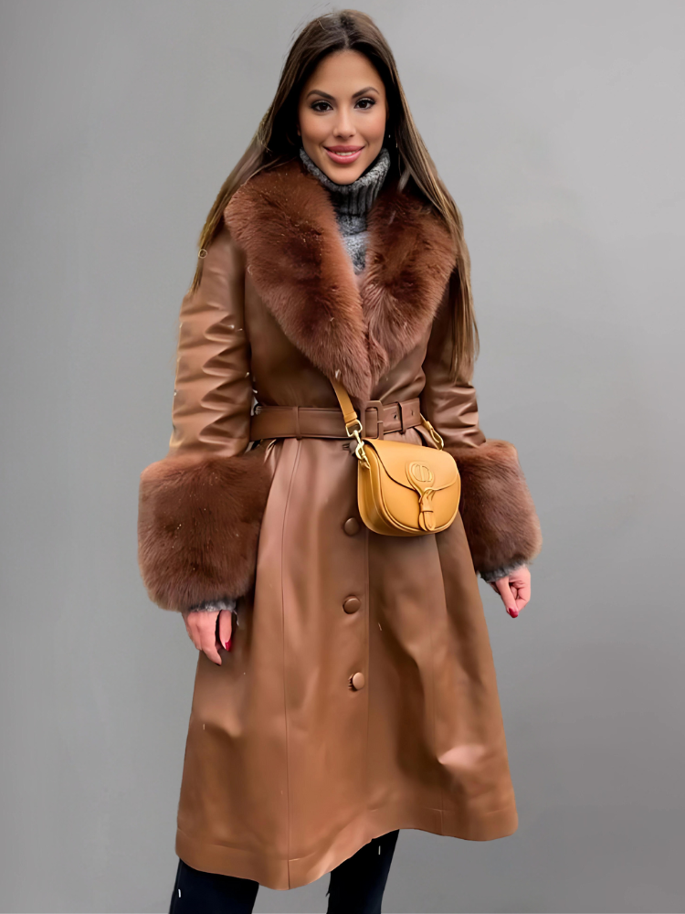 FAUX FUR GENUINE LEATHER COAT IN BROWN