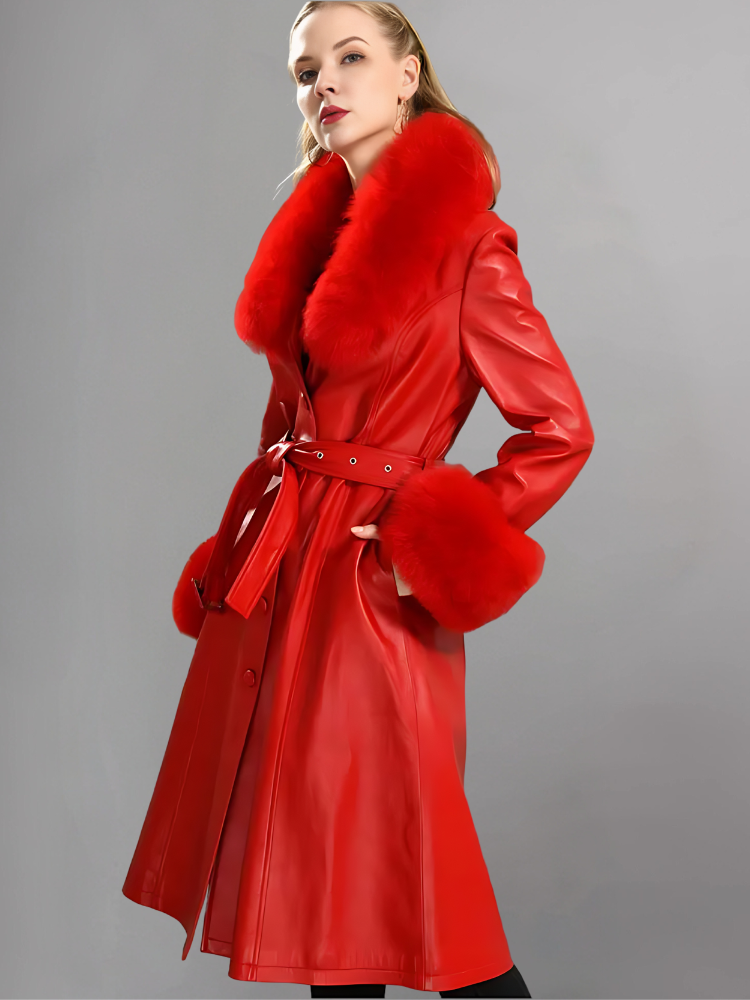 FAUX FUR GENUINE LEATHER COAT IN RED