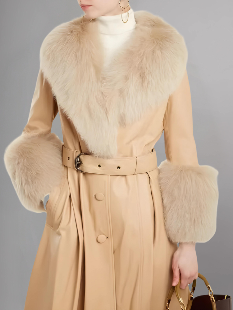 FAUX FUR GENUINE LEATHER COAT IN BROWN