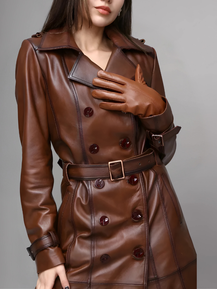 Italian Style Over Trench Coat, Sashes Belt Wax Tan Long Leather Coat