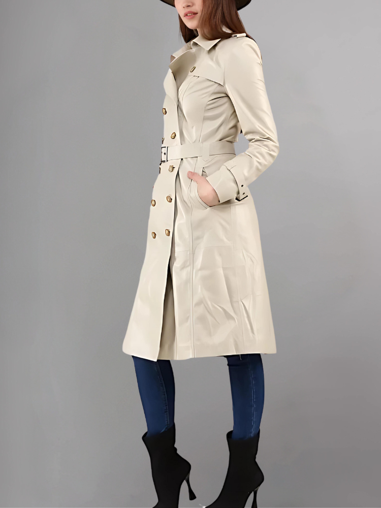 Italian Style Over Trench Coat, Sashes Belt Wax Tan Long Leather Coat