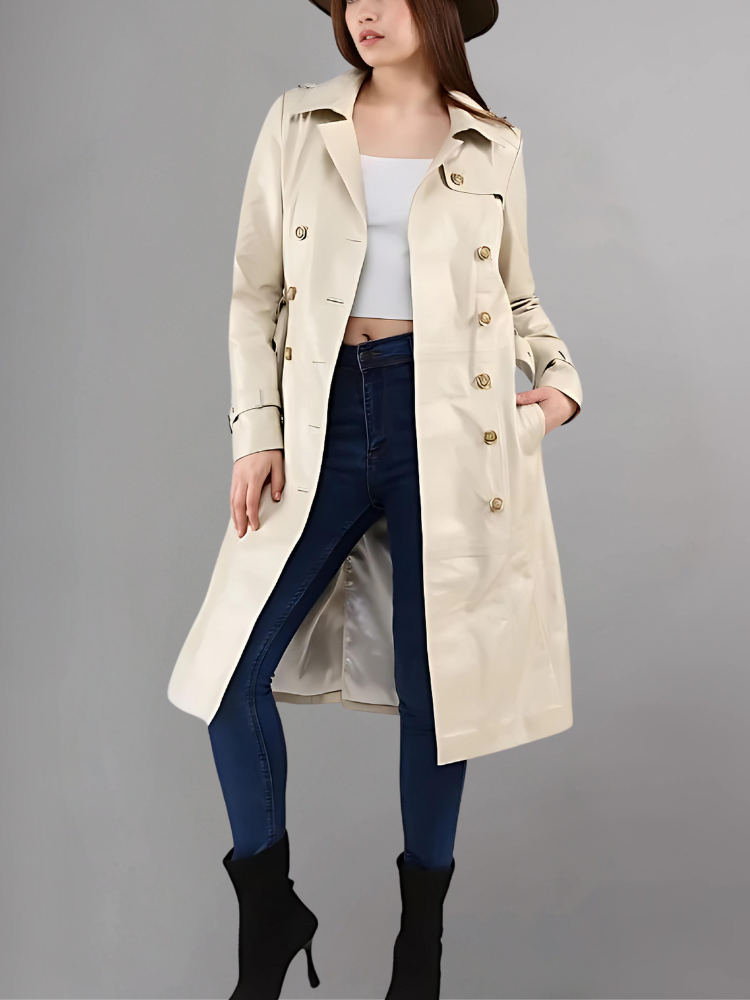 Italian Style Over Trench Coat, Sashes Belt Wax Tan Long Leather Coat