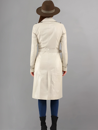 Italian Style Over Trench Coat, Sashes Belt Wax Tan Long Leather Coat