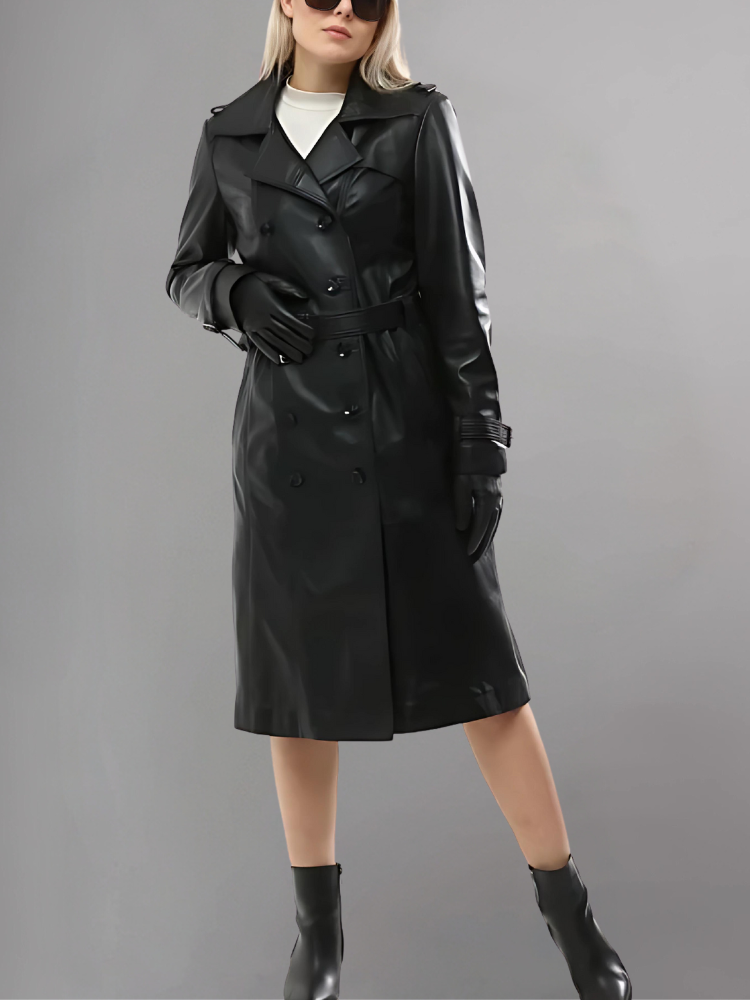 Italian Style Over Trench Coat, Sashes Belt Wax Tan Long Leather Coat