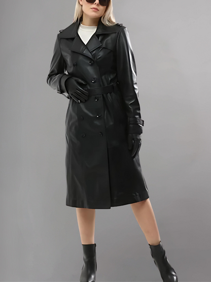 Italian Style Over Trench Coat, Sashes Belt Wax Tan Long Leather Coat