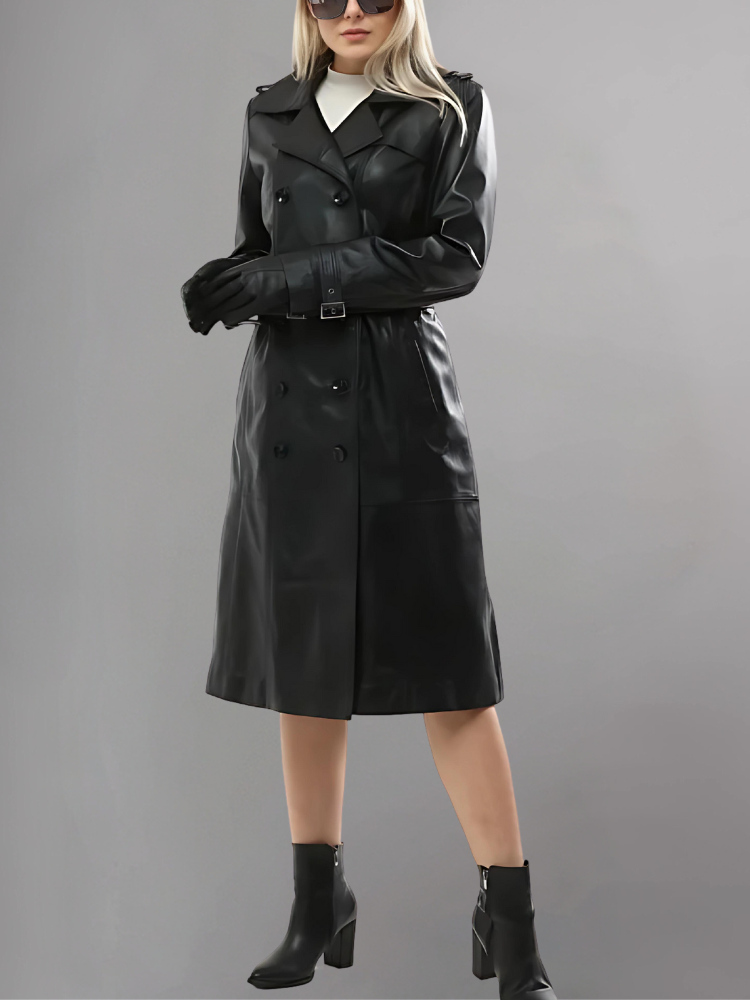 Italian Style Over Trench Coat, Sashes Belt Wax Tan Long Leather Coat