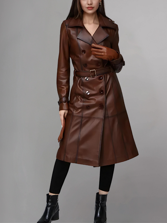 Italian Style Over Trench Coat, Sashes Belt Wax Tan Long Leather Coat