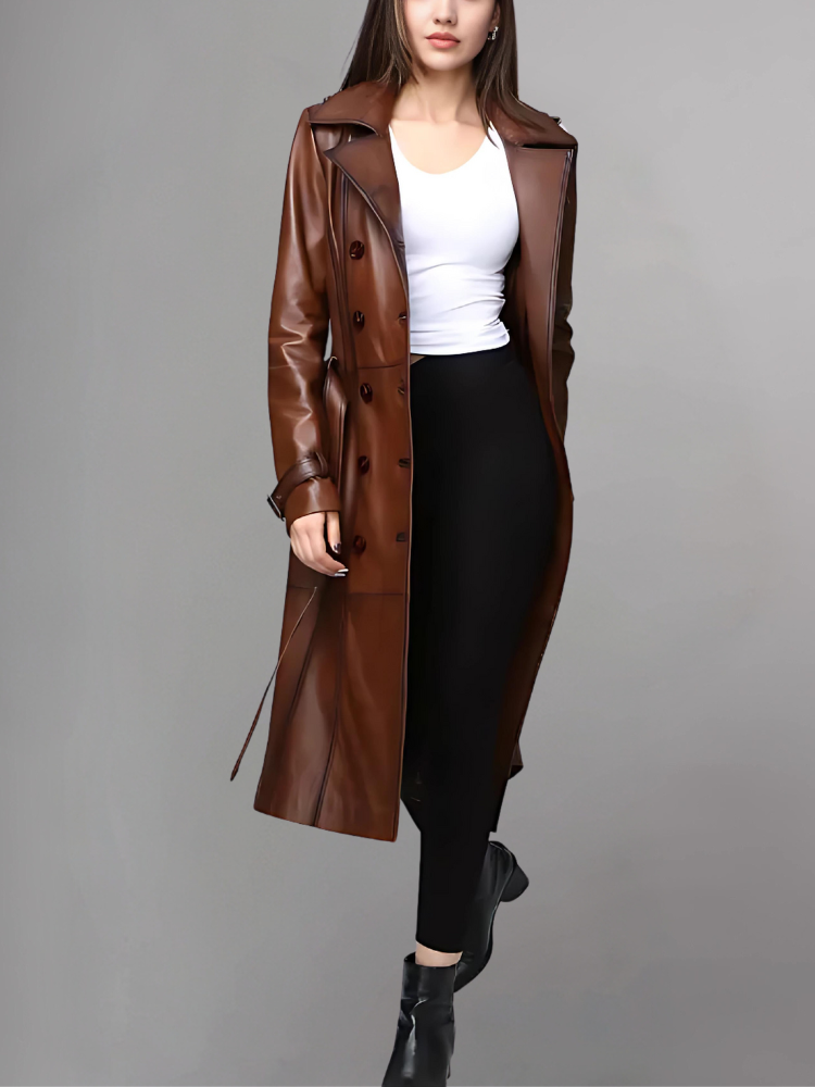 Italian Style Over Trench Coat, Sashes Belt Wax Tan Long Leather Coat