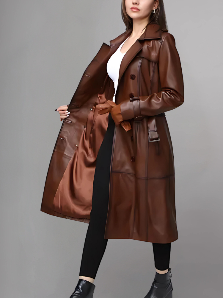 Italian Style Over Trench Coat, Sashes Belt Wax Tan Long Leather Coat