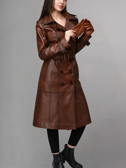 Italian Style Over Trench Coat, Sashes Belt Wax Tan Long Leather Coat