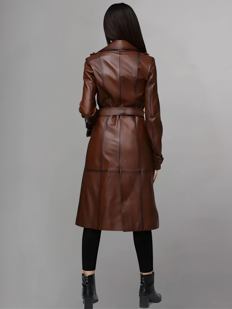 Italian Style Over Trench Coat, Sashes Belt Wax Tan Long Leather Coat