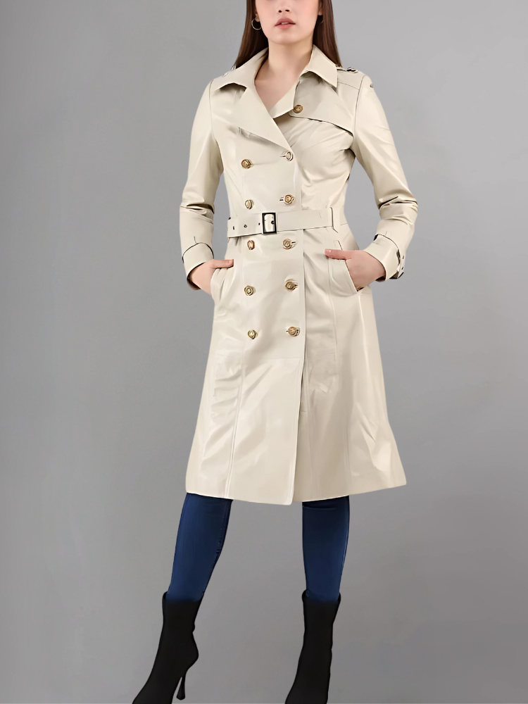 Italian Style Over Trench Coat, Sashes Belt Wax Tan Long Leather Coat