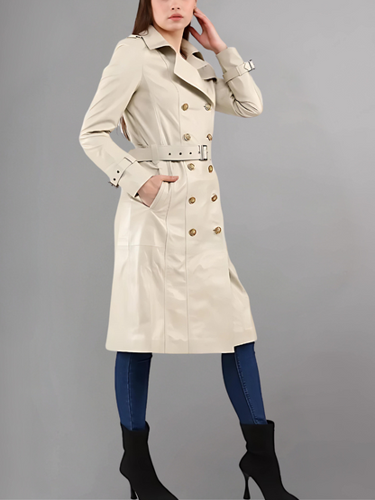 Italian Style Over Trench Coat, Sashes Belt Wax Tan Long Leather Coat