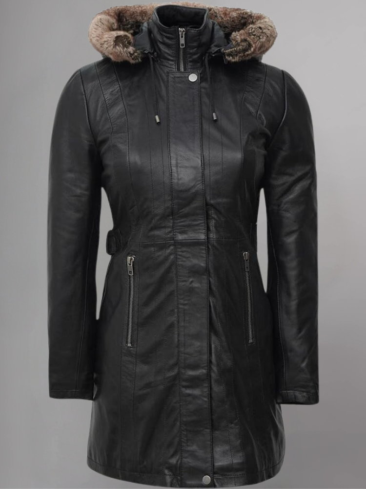 Jean Womens Black Leather Coat Removable Fur Hood