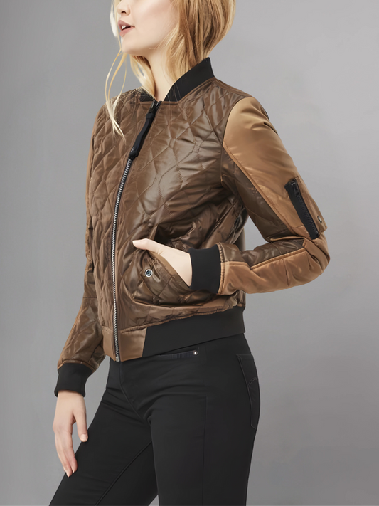 Jemma Simmons Agents Of Shield Brown Satin Quilted Bomber Jacket