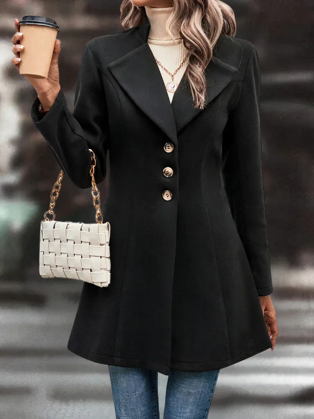 Women's mid-length longline coat with lapel collar – elegant transitional coat