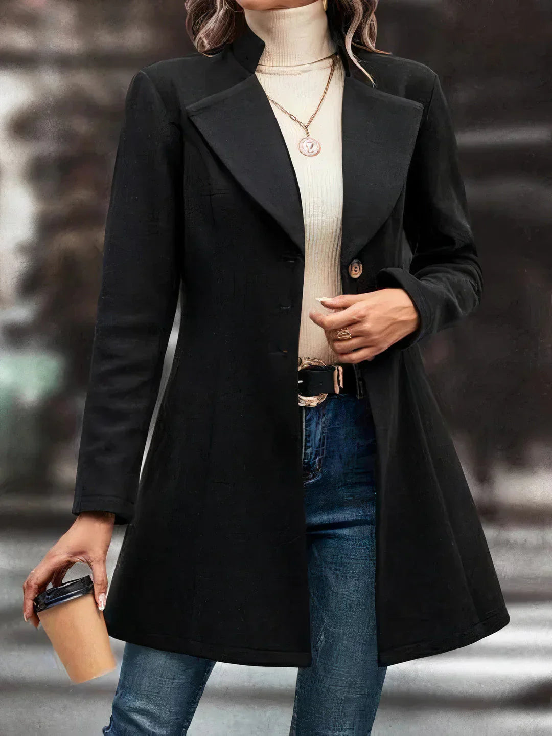 Women's mid-length longline coat with lapel collar – elegant transitional coat