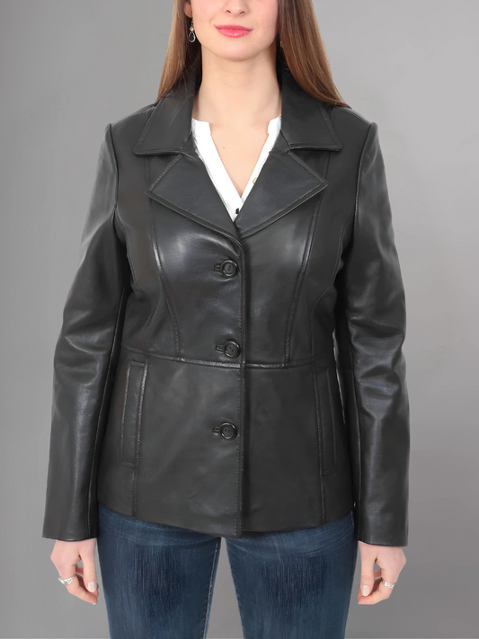 Ladies Classic Hip Length Black Leather Blazer Coat