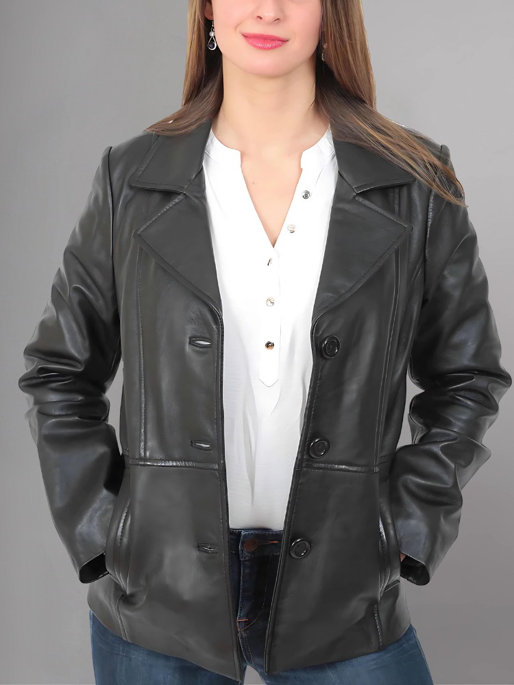 Ladies Classic Hip Length Black Leather Blazer Coat