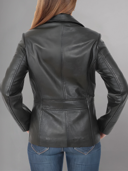 Ladies Classic Hip Length Black Leather Blazer Coat