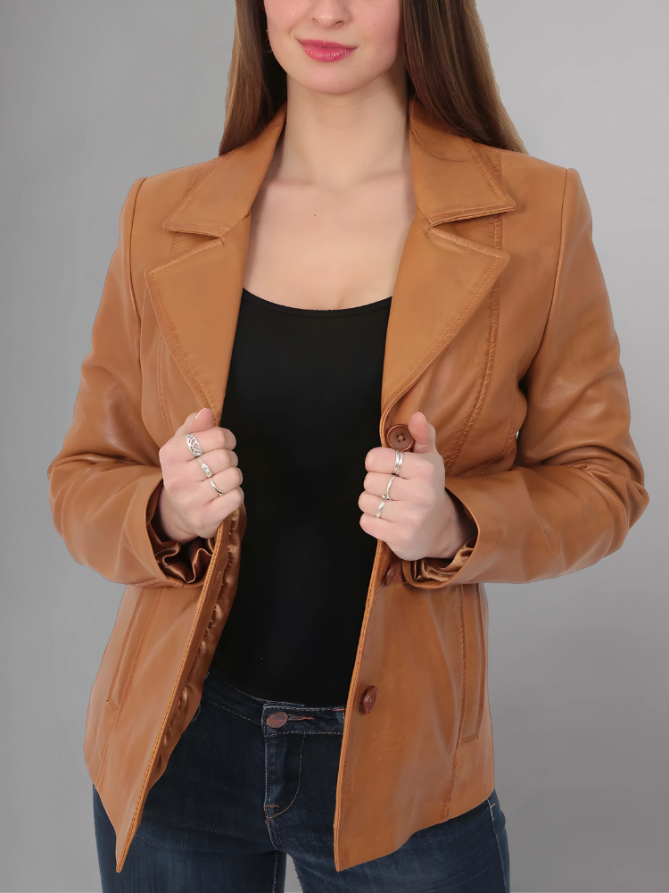 Ladies Classic Hip Length Black Leather Blazer Coat