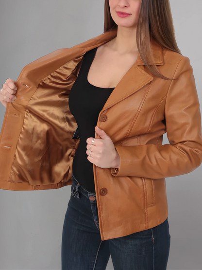 Ladies Classic Hip Length Black Leather Blazer Coat