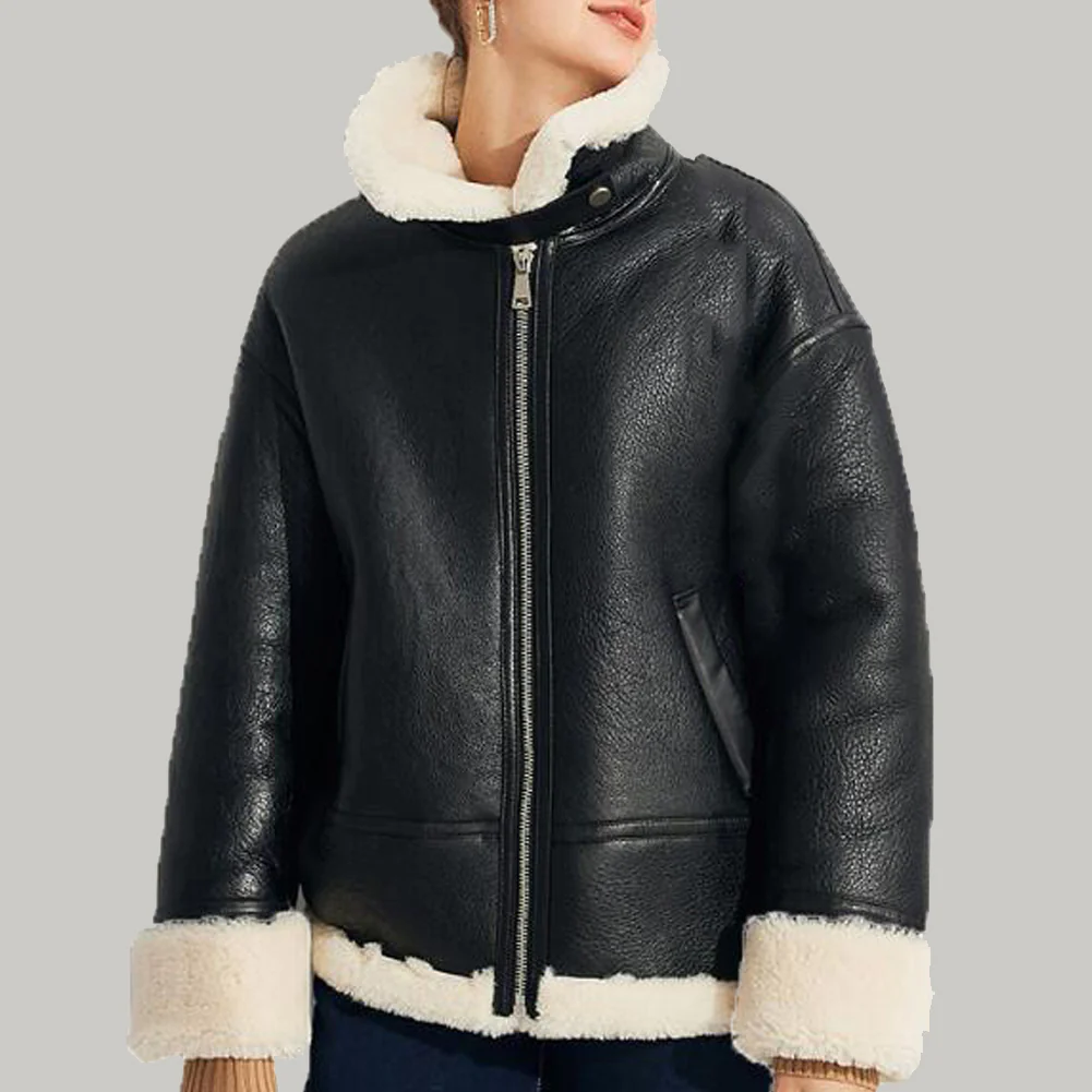 Womens Black Leather Shearling Coat with Lapel Collar