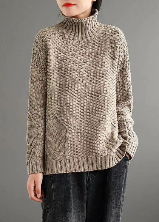 Loose Apricot Turtleneck Patchwork Knitted Cotton Sweaters Fall