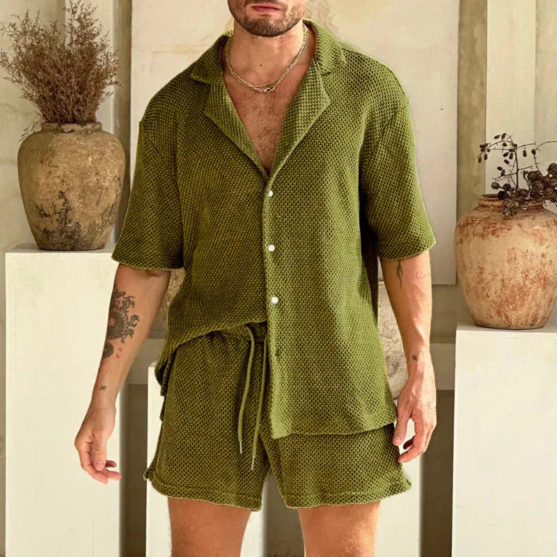 Casual waffle-knit shirt & shorts set – men