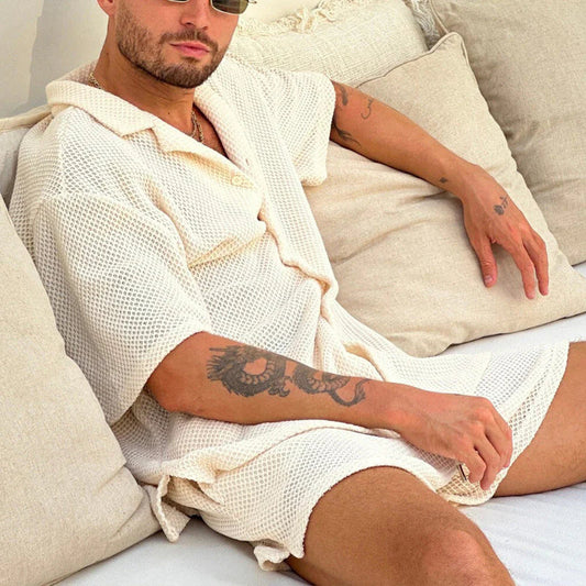 Casual waffle-knit shirt & shorts set – men