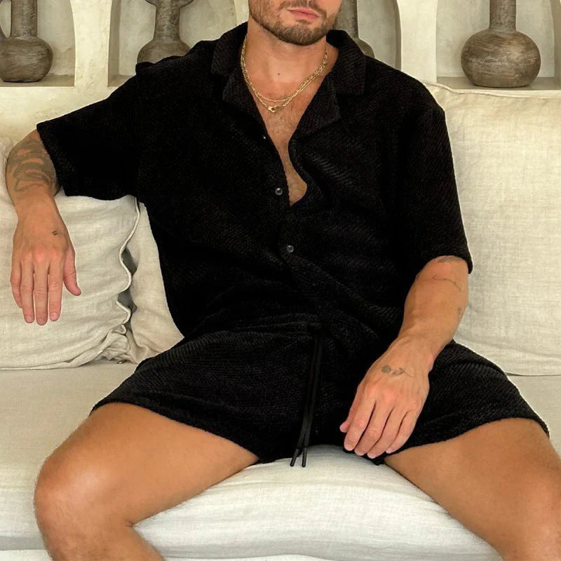 Casual waffle-knit shirt & shorts set – men