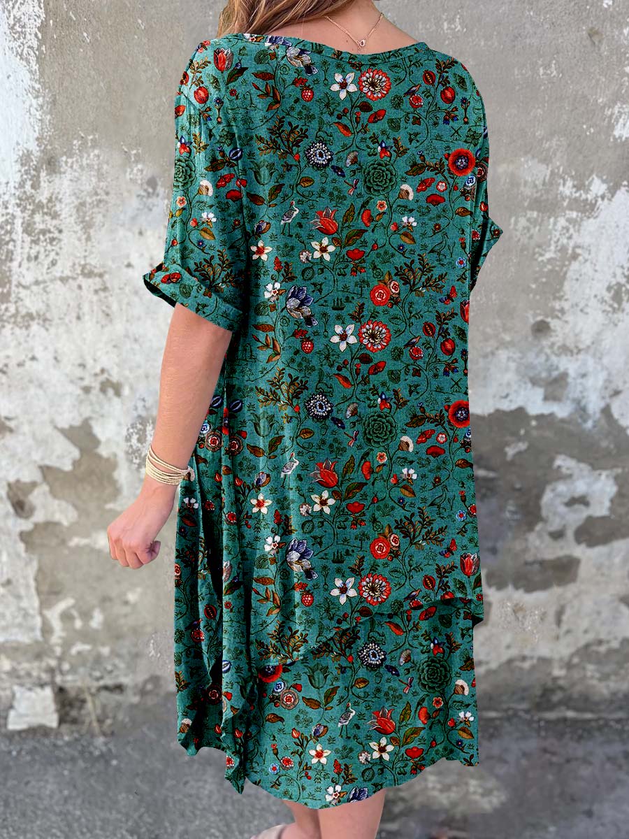 Women's Classic Elegant Poppy  Pattern Cotton and Linen Dress