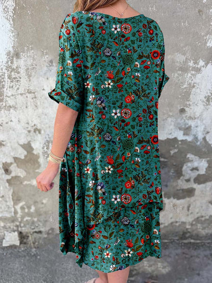 Women's Classic Elegant Poppy  Pattern Cotton and Linen Dress