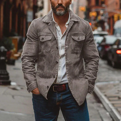 Men’s vintage heavy-washed leather jacket with multiple pockets – men