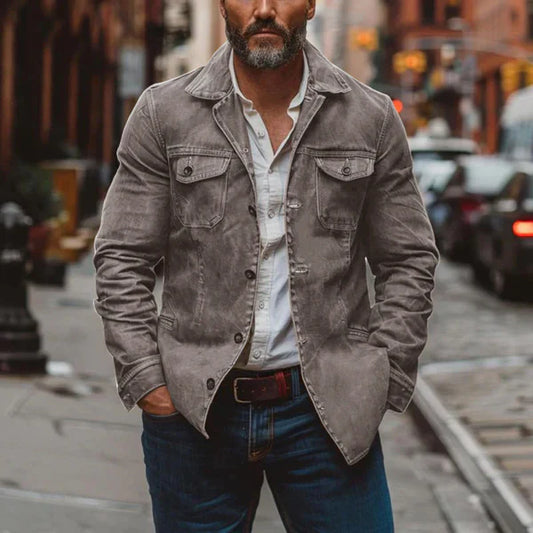 Men’s vintage heavy-washed leather jacket with multiple pockets – men