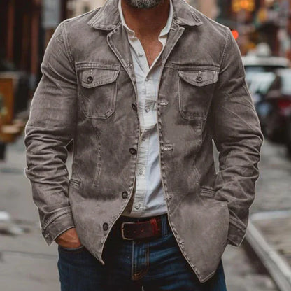 Men’s vintage heavy-washed leather jacket with multiple pockets – men