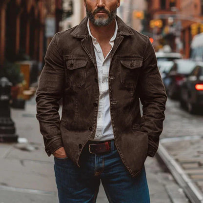 Men’s vintage heavy-washed leather jacket with multiple pockets – men