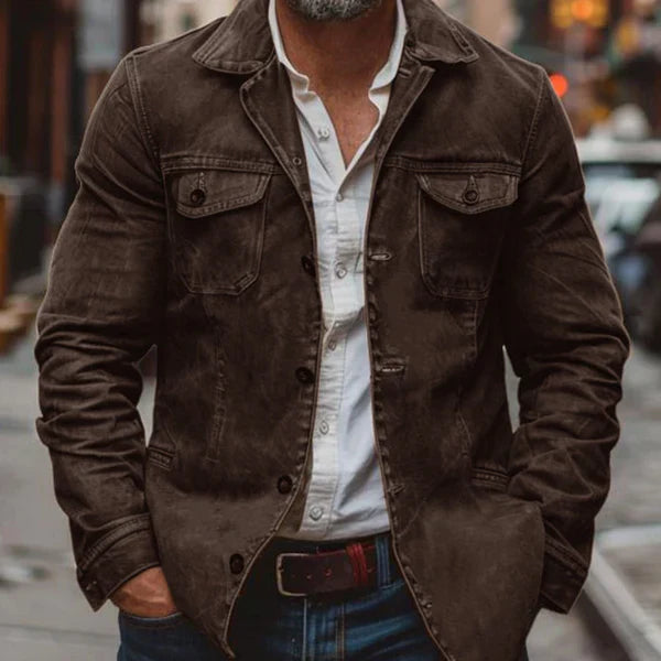 Men’s vintage heavy-washed leather jacket with multiple pockets – men