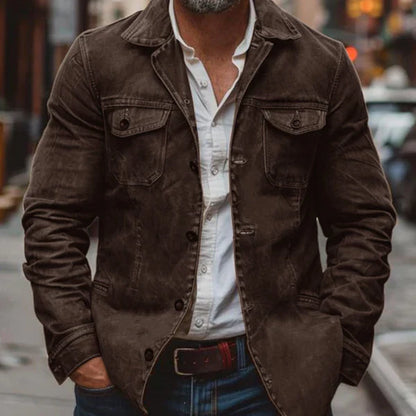 Men’s vintage heavy-washed leather jacket with multiple pockets – men
