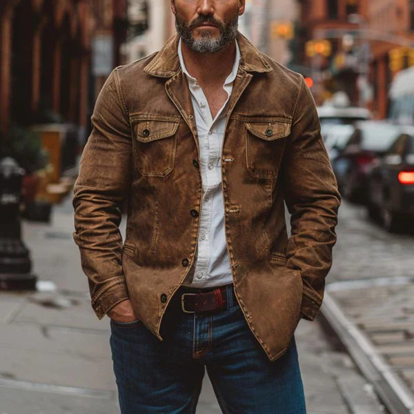 Men’s vintage heavy-washed leather jacket with multiple pockets – men